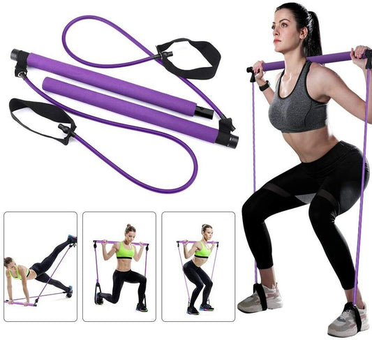 UK Pilates Bar & Resistance Band - Adjustable Exercise Stick Home Gym, Purple
